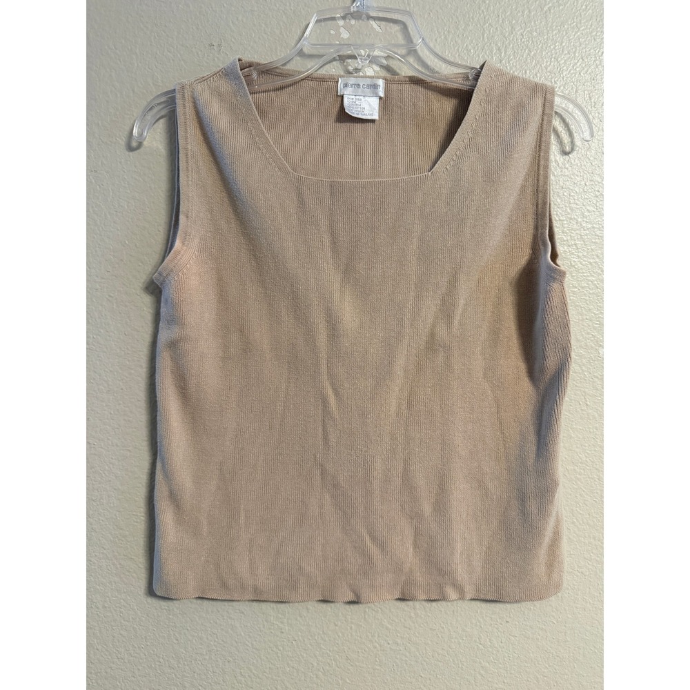 VINTAGE Pierre Cardin  Tan 100% Cotton Ribbed Square Neck Knit Shell Top Med